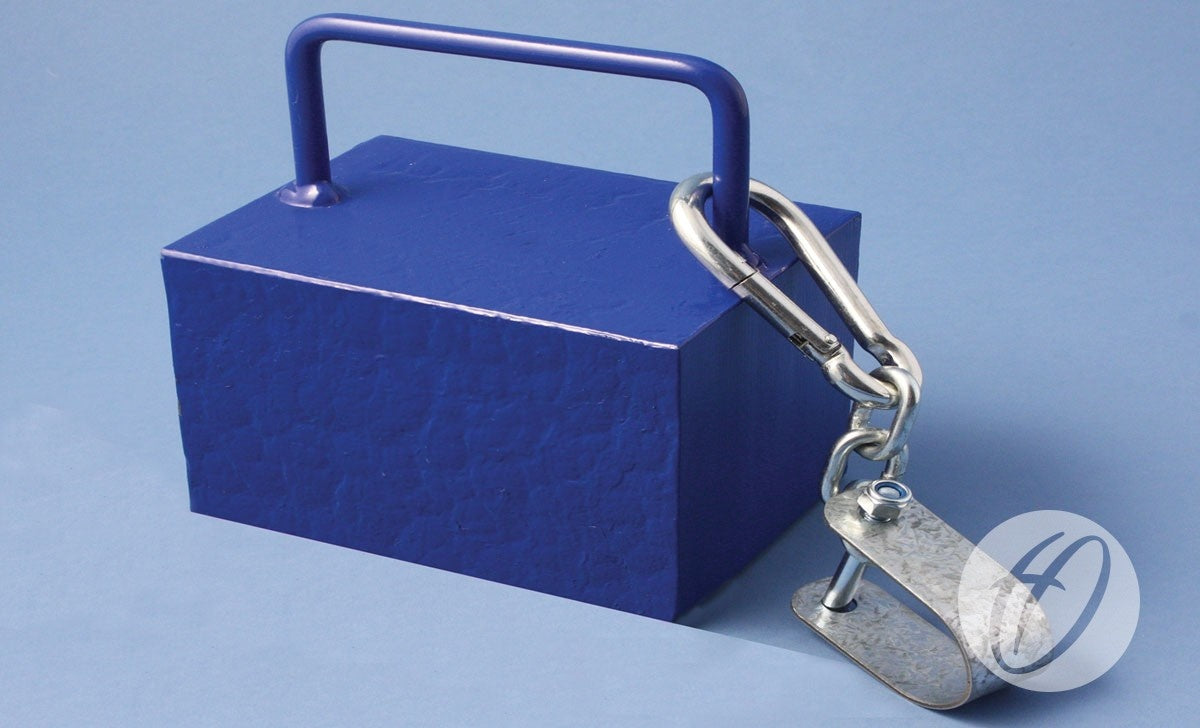 The Harrod Sport Classic Five-a-side Anchor is a blue rectangular metal block with a top handle, attached to a metal carabiner and clamp, shown against a light blue background.