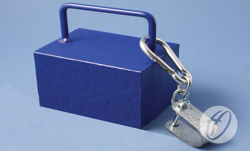 The Harrod Sport Classic Five-a-side Anchor is a blue rectangular metal block with a top handle, attached to a metal carabiner and clamp, shown against a light blue background.