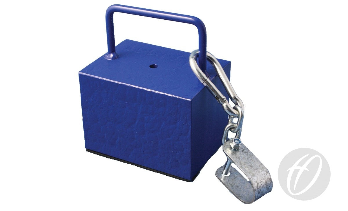 The Harrod Sport Counterbalance Weight Sportshall Anchor features a blue rectangular metal body with a top handle, connected by a carabiner to a smaller silver weight. Set against a plain white background.