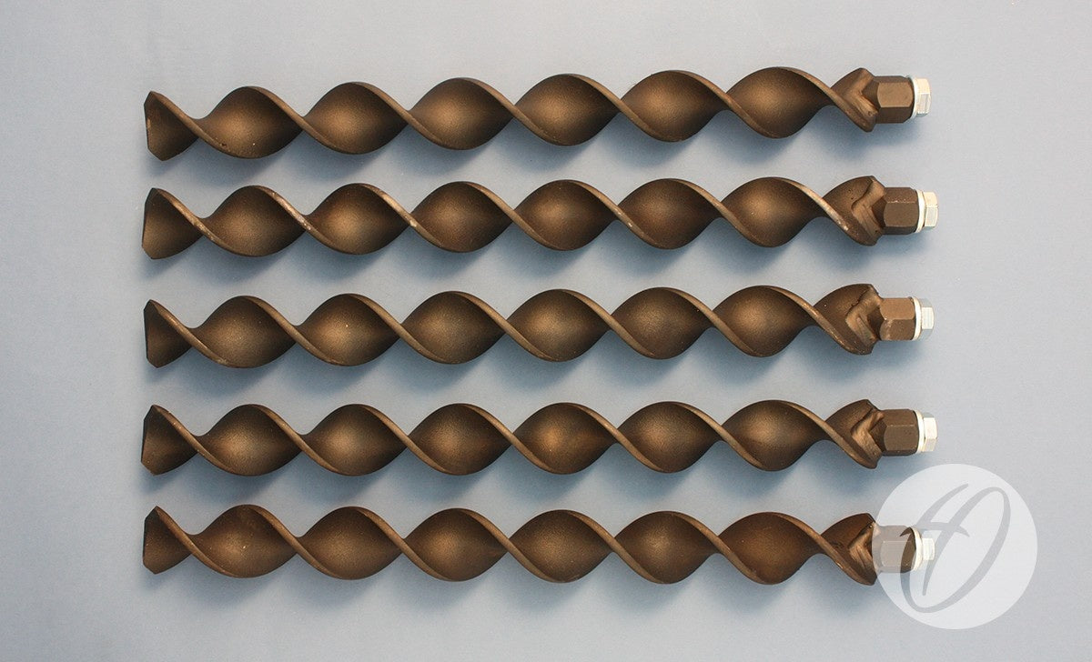 Five bronze-colored metal rods with hexagonal nuts are arranged in parallel on a light gray background, shown as the Harrod Sport Spirafix Kit For 3M To 6M Team Shelters—ideal ground anchors for securing team shelters.