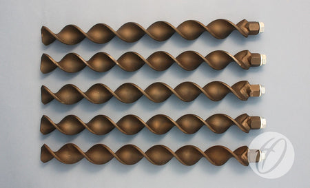 Five bronze-colored metal rods with hexagonal nuts are arranged in parallel on a light gray background, shown as the Harrod Sport Spirafix Kit For 3M To 6M Team Shelters—ideal ground anchors for securing team shelters.