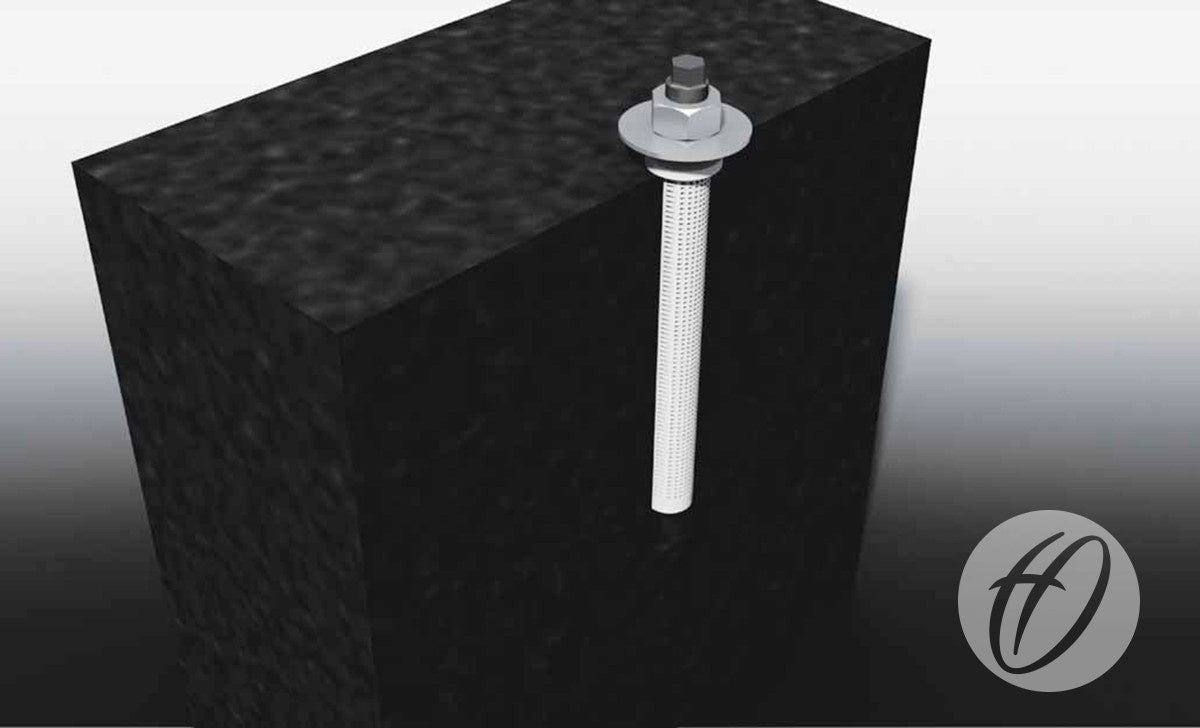 A 3D illustration of a Harrod Sport Chem Bolt Anchor rod fixed vertically in a solid black block, topped with a nut and washer. A circular logo with a stylized "h" appears in the bottom right corner.