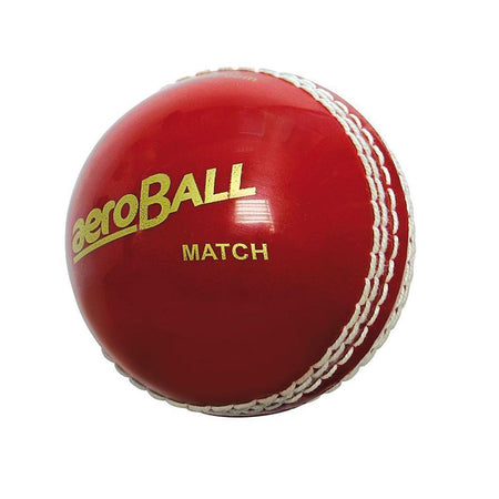 A shiny red Aero Incrediball Match Cricket Ball by Aero, featuring a traditional stitched seam and gold "aeroBALL MATCH" lettering on its surface.