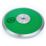 A green and silver steel rim Club Discus by Mastersport, featuring a metallic center and warning label on the left side. Weighs 5 KG, ideal for track and field events at schools or clubs.