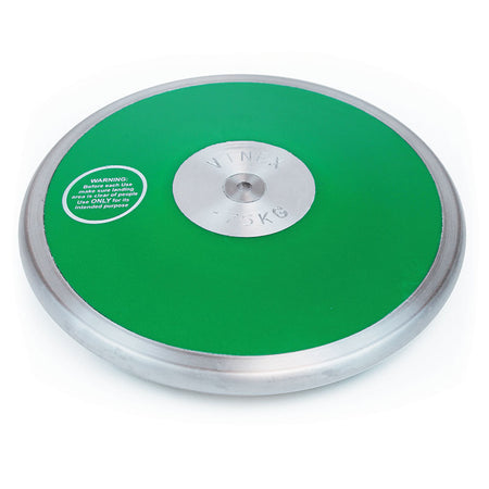 A green and silver steel rim Club Discus by Mastersport, 1.75 KG, features a central metal plate and warning label on the green surface. Ideal for athletic throwing events and perfect as a club discus.