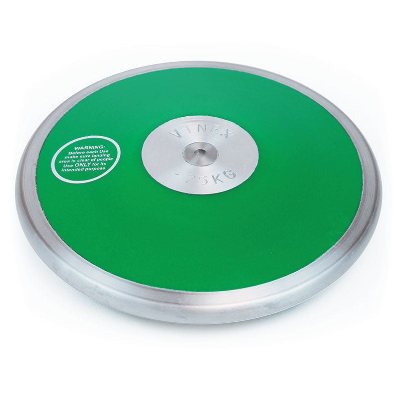 A green and silver steel rim Club Discus by Mastersport, 1.75 KG, features a central metal plate and warning label on the green surface. Ideal for athletic throwing events and perfect as a club discus.