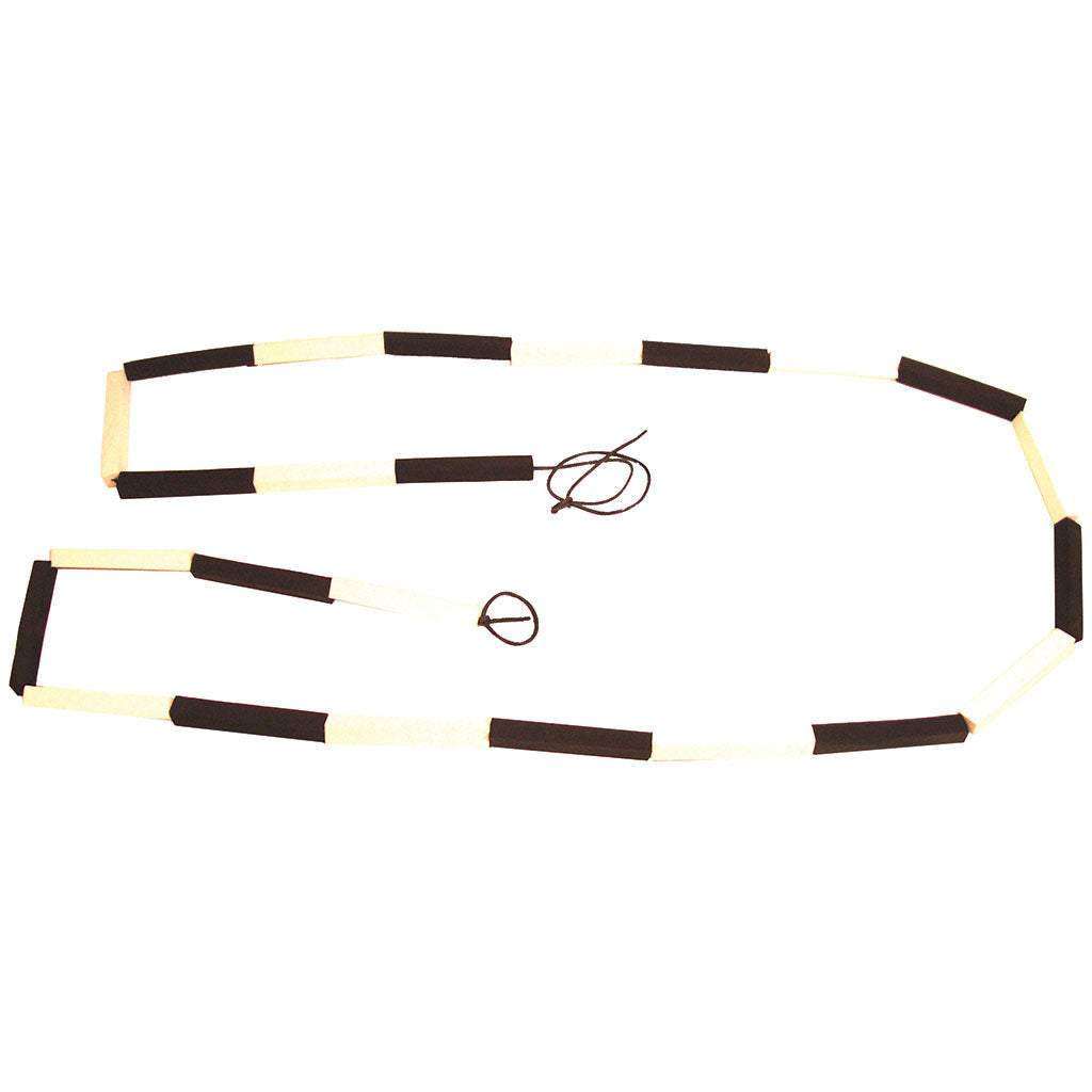 The Bishop Sports High Jump Flexibar Lath is a flexible bar with alternating black and white segments, foam sections, and handles at both ends, designed for high jump training.
