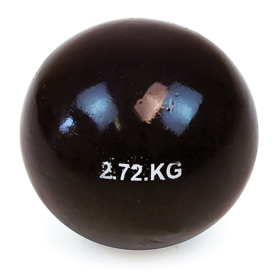 The Mastersport Cast Iron Shot is a shiny black ball with "2.72 KG" in white text, ideal for training. The product is photographed on a plain white background.