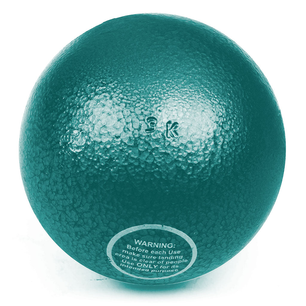 The Mastersport Cast Iron Shot is a green, textured foam training ball with "3K" embossed and a circular warning label, perfect for replacing a traditional cast iron shot during practice sessions.
