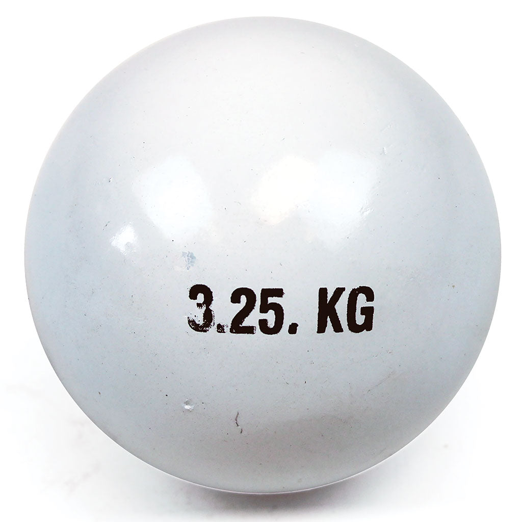 The Mastersport Cast Iron Shot is a white ball with "3.25 KG" printed in black, ideal for club training and competitions.