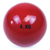 A shiny red Mastersport Cast Iron Shot with "4 KG" in black letters on its surface, ideal for training, shown against a white background.