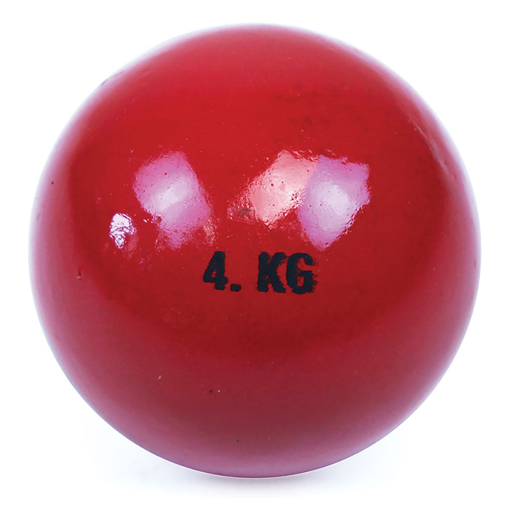 A shiny red Mastersport Cast Iron Shot with "4 KG" in black letters on its surface, ideal for training, shown against a white background.