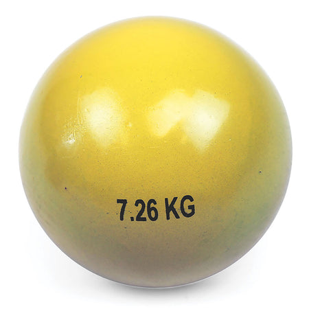The Mastersport Cast Iron Shot is a yellow shot put ball with "7.26 KG" printed in black, perfect for club training sessions.