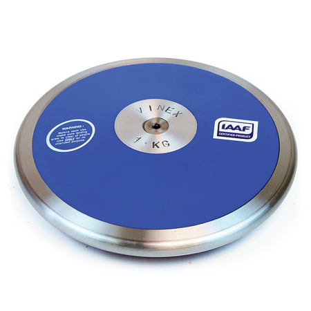 The Mastersport Stadium Discus - IAAF Certified is a blue and silver competition discus with a steel rim, VINEX 1 KG engraved in the center, a warning label, and an IAAF Certified logo.