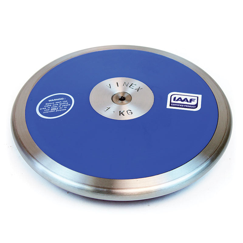 The Mastersport Stadium Discus - IAAF Certified is a blue and silver competition discus with a steel rim, VINEX 1 KG engraved in the center, a warning label, and an IAAF Certified logo.