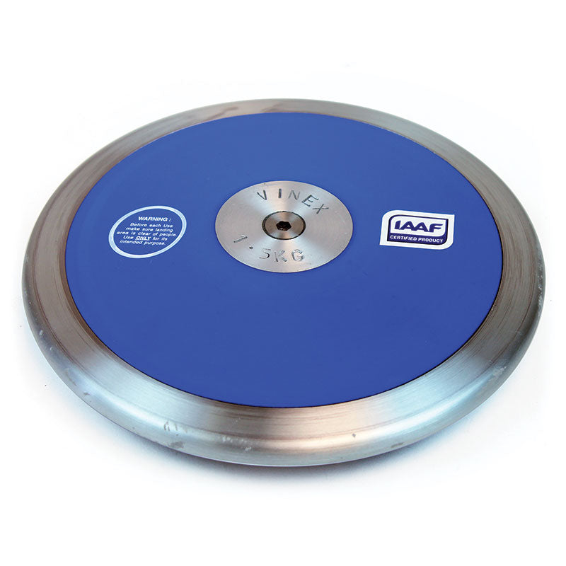 A blue and silver steel rim “Stadium Discus - IAAF Certified” by Mastersport lies flat on a white background—perfect for competition with IAAF certified standards.