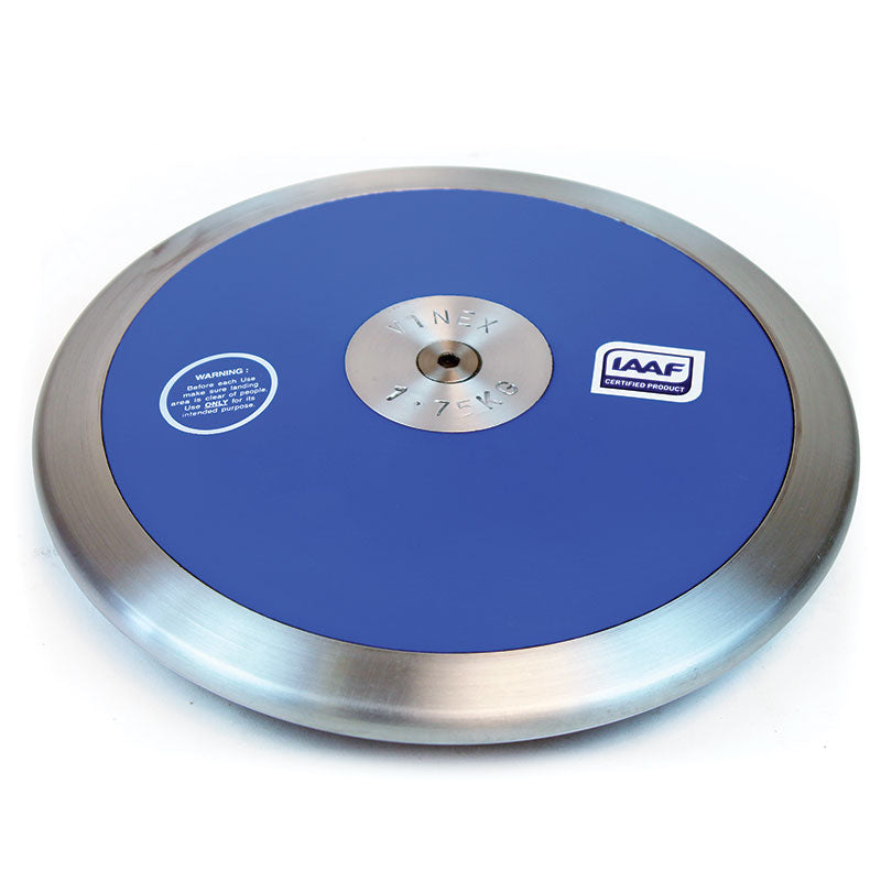 The Mastersport Stadium Discus - IAAF Certified features a blue and silver design with a steel rim, metallic finish, and official certification labels, displayed against a plain white background.