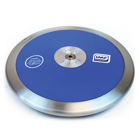 The Mastersport Stadium Discus - IAAF Certified features a blue and silver design with a steel rim, metallic finish, and official certification labels, displayed against a plain white background.