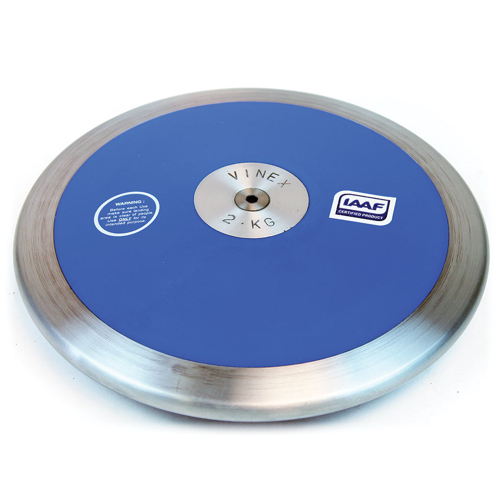A blue and silver Mastersport Stadium Discus - IAAF Certified, 2 KG with a sturdy steel rim, is displayed on a white background.