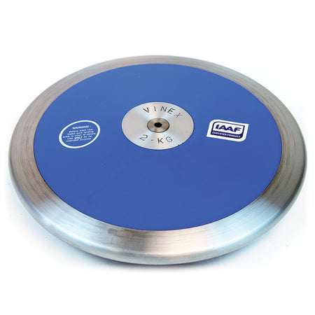 A blue and silver Mastersport Stadium Discus - IAAF Certified, 2 KG with a sturdy steel rim, is displayed on a white background.