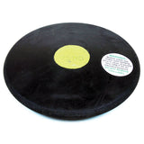 The Mastersport Rubber Training Discus (750g) features a yellow center weight marker and a safety label advising inspection before use. The durable discus is shown laying flat on a white background.