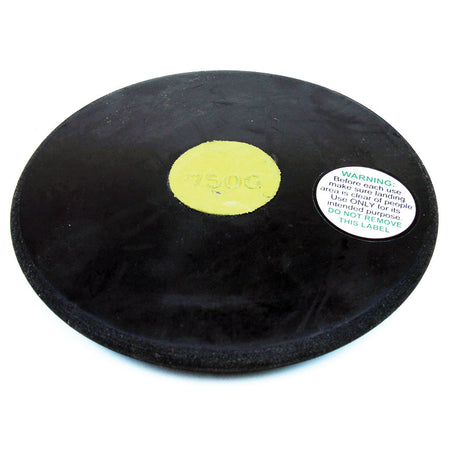 The Mastersport Rubber Training Discus (750g) features a yellow center weight marker and a safety label advising inspection before use. The durable discus is shown laying flat on a white background.