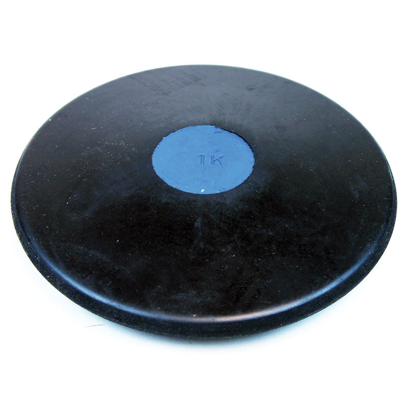 The Mastersport Rubber Training Discus is a durable black discus with a blue 1K center, ideal for athletics training sessions.