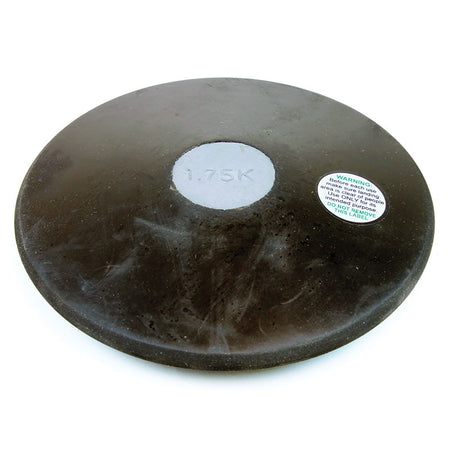 The Mastersport Rubber Training Discus, marked “1.75K,” features a dark exterior, metallic center, and circular warning label, and is shown resting on a white surface.
