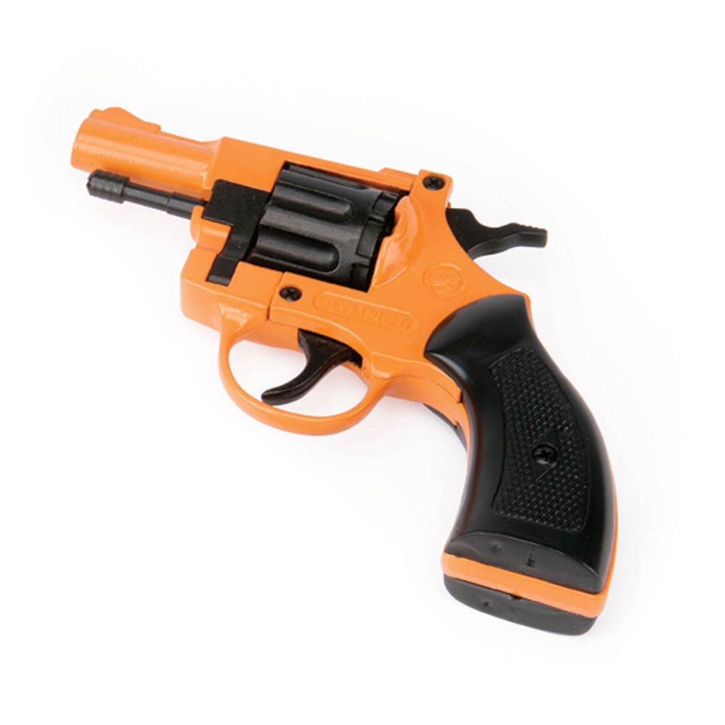 A Bruni Olympic 6 Starting Pistol by Martin Berrill Sports, featuring an orange and black design with a textured grip, is displayed against a white background and resembles a track event starting pistol.