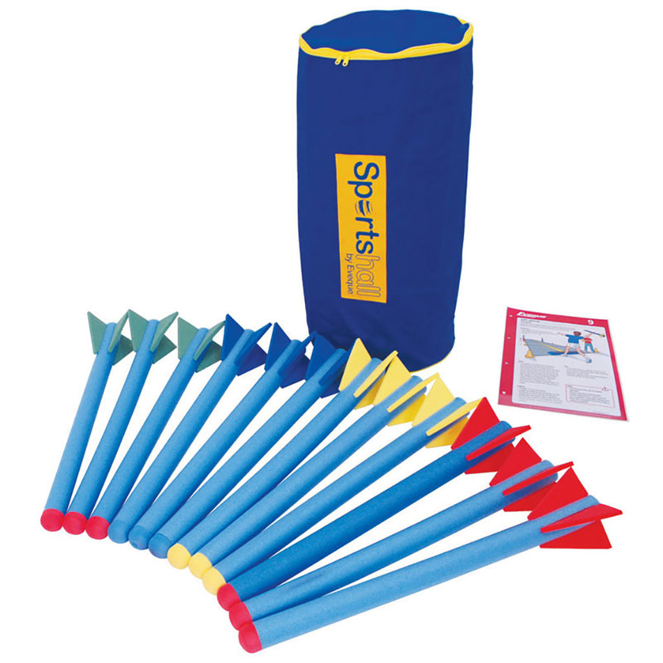 Fifteen Mastersport Foam Javelins (Single) 75cm, each with colored fins and red tips, are displayed before a blue and yellow Sports hall carrying bag. An instruction sheet is included, ideal for indoor javelin practice.