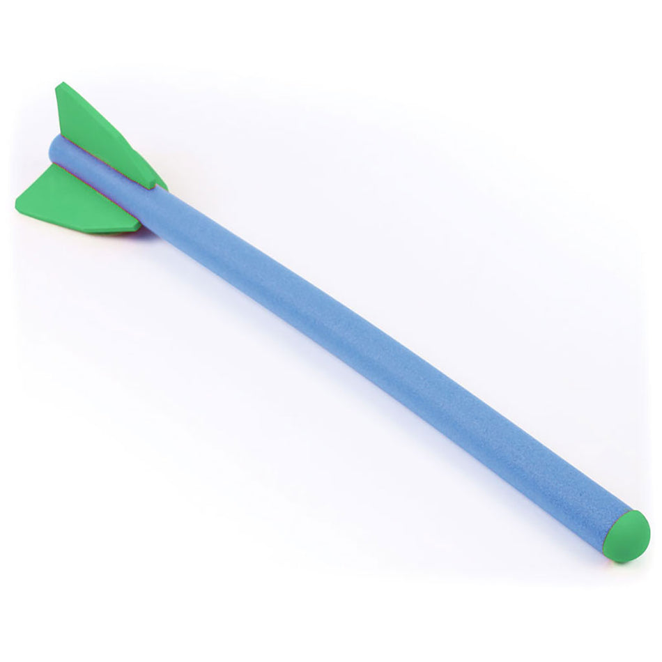 The Mastersport Foam Javelin (Single) 90cm is a blue foam toy rocket with green fins and tip, ideal for practicing throwing skills. Inspired by real javelins, it’s shown lying on a white background.