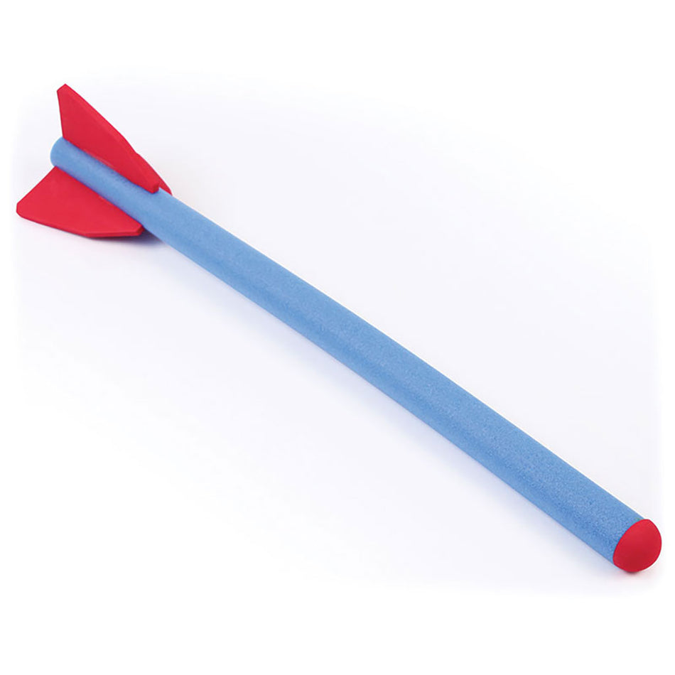 The Mastersport Foam Javelin (Single) 90cm is a blue foam toy with red fins and tip, ideal for practicing throwing skills, shown on a white surface.