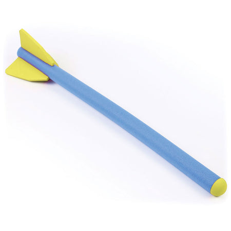 The Mastersport Foam Javelin (Single) 90cm, featuring blue foam with yellow fins and a yellow tip, rests on a white surface—ideal for practicing your throwing skills.