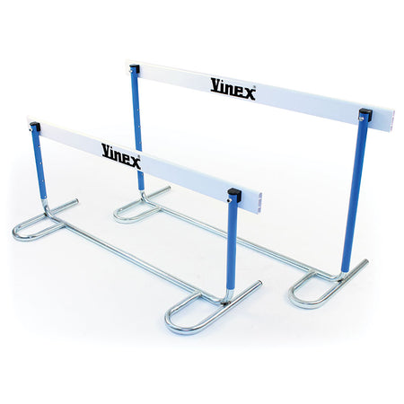 Two Mastersport Replacement School Hurdle Cross Bars for senior and junior use, featuring white and blue bars with metal bases, shown side by side at varied heights—ideal for replacing cross bars in school hurdles.
