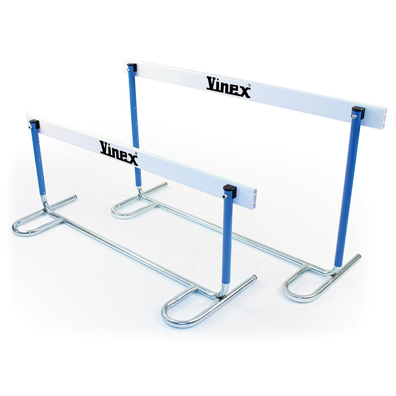 Two Mastersport Replacement School Hurdle Cross Bars for senior and junior use, featuring white and blue bars with metal bases, shown side by side at varied heights—ideal for replacing cross bars in school hurdles.