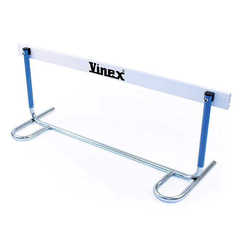 The School Hurdles - Junior by Mastersport is a metal hurdle with blue side supports and a white horizontal bar, featuring adjustable height—perfect for school training or athletic competitions.