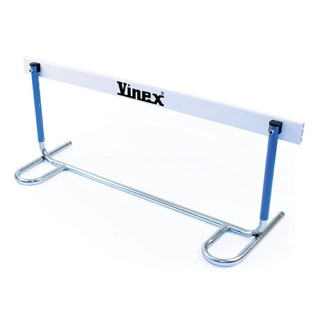 The School Hurdles - Junior by Mastersport is a metal hurdle with blue side supports and a white horizontal bar, featuring adjustable height—perfect for school training or athletic competitions.