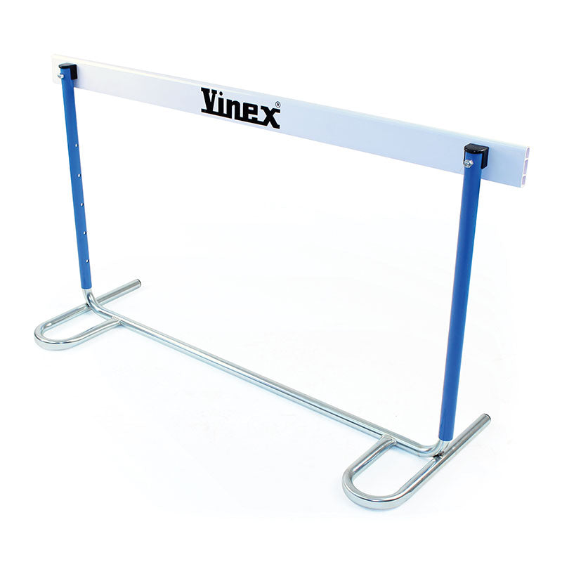 A blue and white adjustable height School Hurdles - Senior by Mastersport, featuring galvanised steel legs and a sturdy design—ideal for athletic training and perfect for school hurdles practice.
