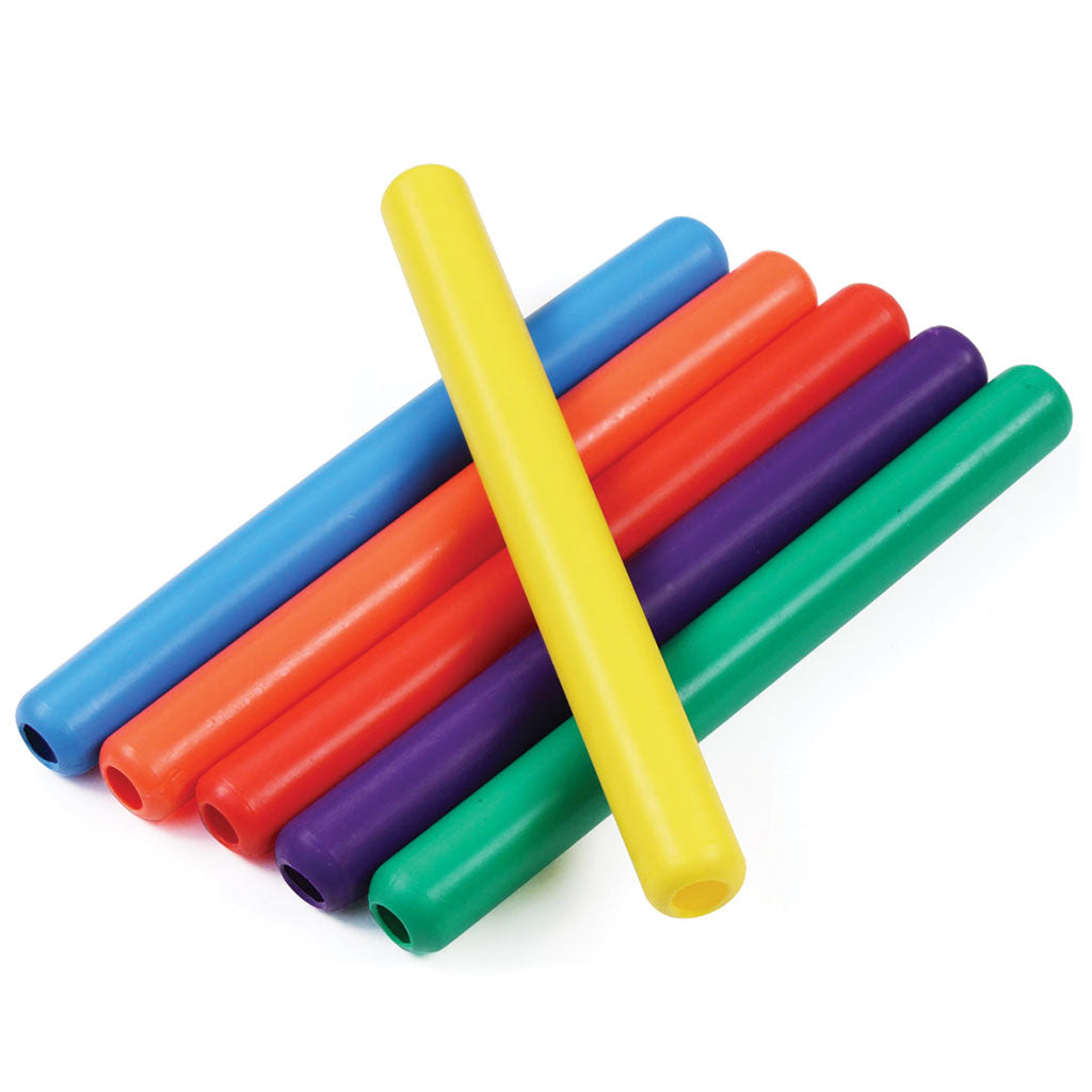 The Mastersport Plastic Relay Batons (Set of Six) feature blue, red, orange, purple, green, and a yellow baton arranged in a row with the yellow one placed diagonally on top for easy team identification.