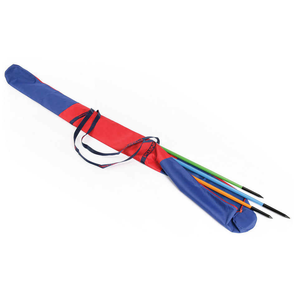 The Mastersport Javelin Bag, in red and blue with a shoulder strap, is waterproof and holds up to 10 javelins. The image shows three javelins—blue, green, and orange—with their pointed tips visible from the open end.