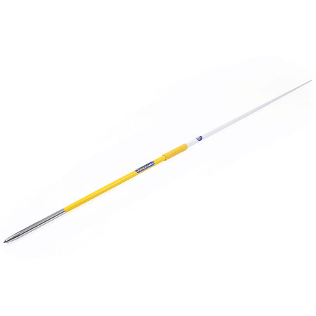 The Mastersport Aero Javelin features a white aluminium alloy shaft, silver tip, and yellow grip, designed for track and field events. Displayed on a white background.
