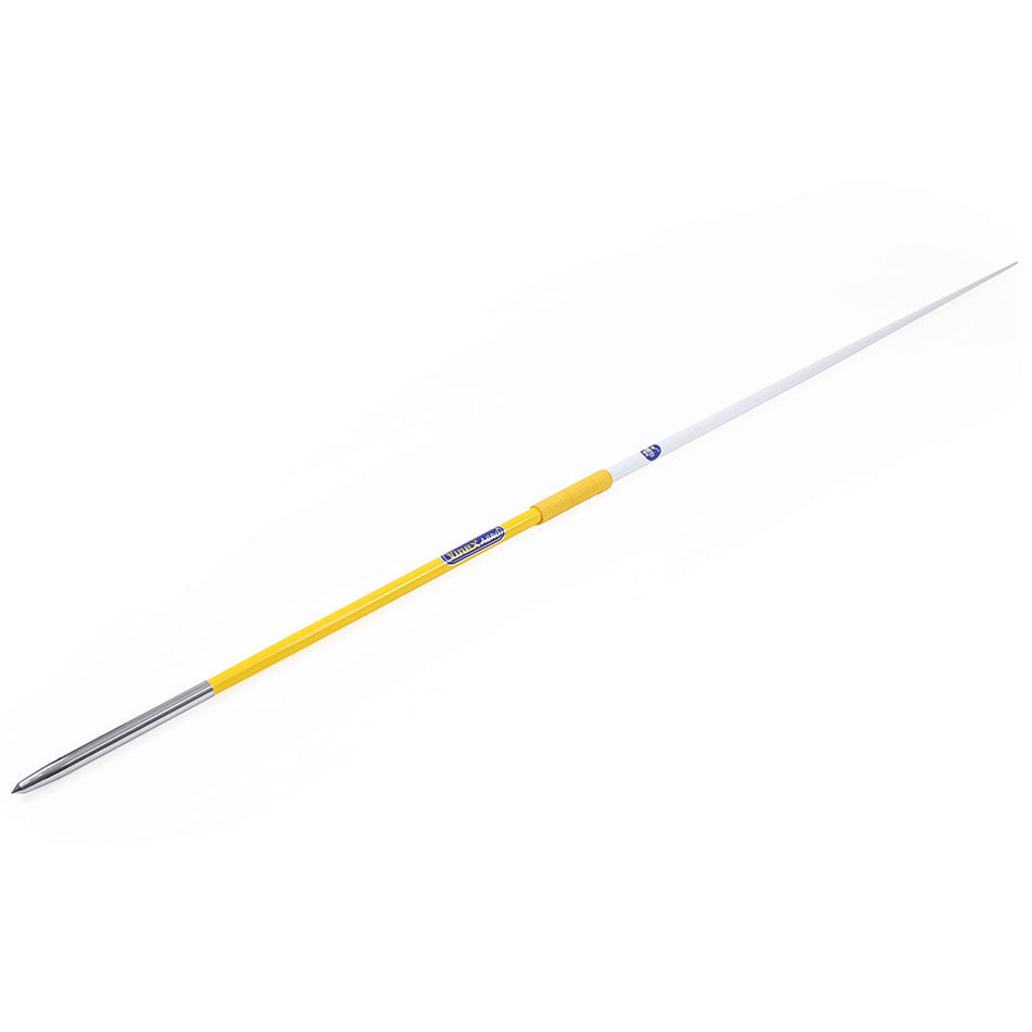 The Mastersport Aero Javelin features a white aluminium alloy shaft, silver tip, and yellow grip, designed for track and field events. Displayed on a white background.