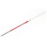 The Mastersport Aero Javelin sports a red grip, silver metallic tip, and long white aluminium alloy shaft, making it ideal for educational training. Shown against a white background.