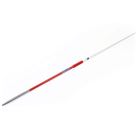 The Mastersport Aero Javelin sports a red grip, silver metallic tip, and long white aluminium alloy shaft, making it ideal for educational training. Shown against a white background.