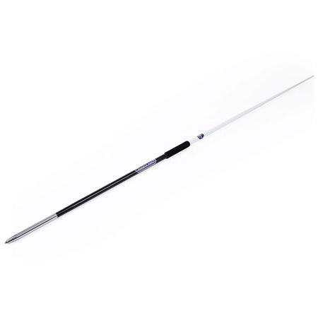 The Mastersport Aero Javelin, featuring a pointed metal tip, black grip, and white aluminium alloy shaft, is shown on a white background—perfect for educational use.