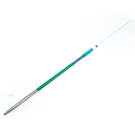 The Mastersport Aero Javelin, featuring a green shaft, silver pointed tip, and blue center grip, is shown on a white background—ideal for training in educational settings.