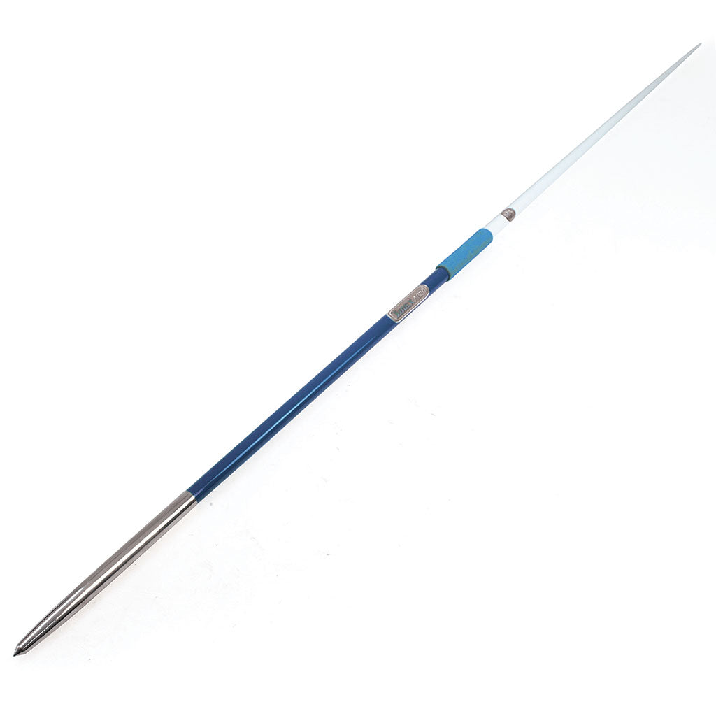 The Mastersport Aero Javelin features a metallic pointed tip, blue mid-grip, and a slender aluminium alloy shaft in blue, silver, and white hues, shown against a white background.