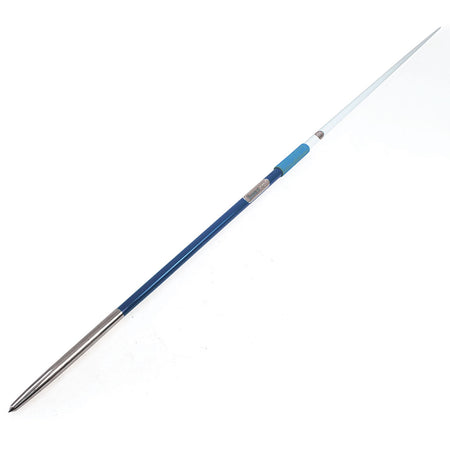 The Mastersport Aero Javelin features a metallic pointed tip, blue mid-grip, and a slender aluminium alloy shaft in blue, silver, and white hues, shown against a white background.