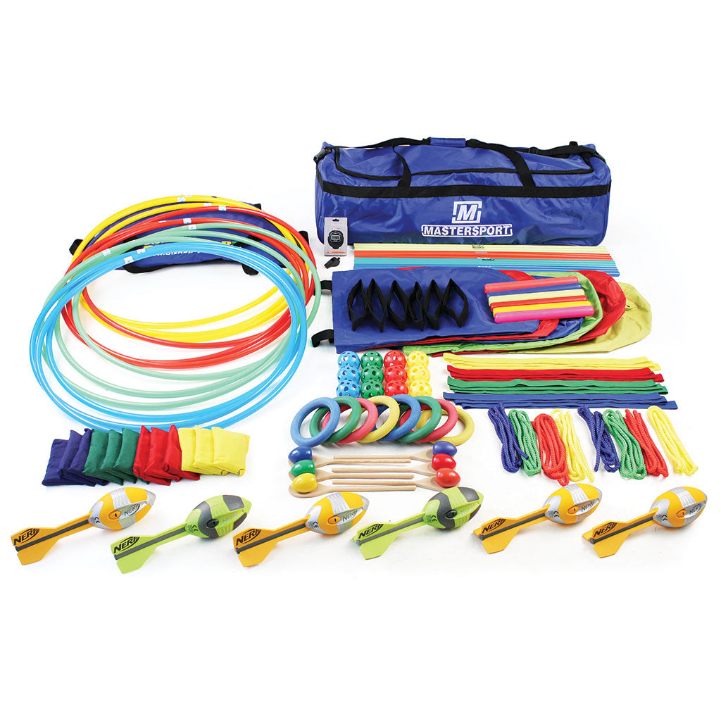 Mastersport's Sports Day Jumbo Pack features hoops, beanbags, balls, rings, jump ropes, paddles, and a large blue carrying bag—all displayed neatly for sports day games.