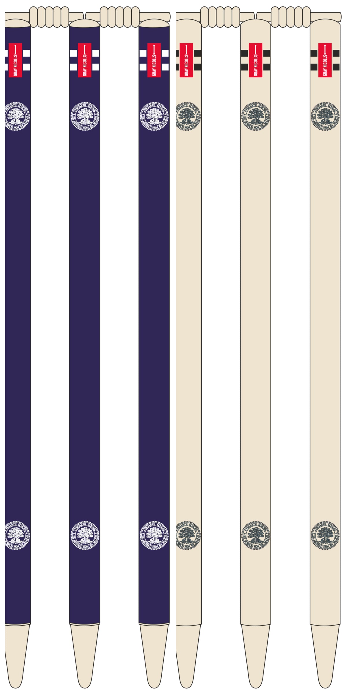 Six Custom Printed Club Cricket Stumps by Gray Nicolls—three dark blue, three cream—are shown with red sponsor logos at the top and circular emblems with text in the middle.